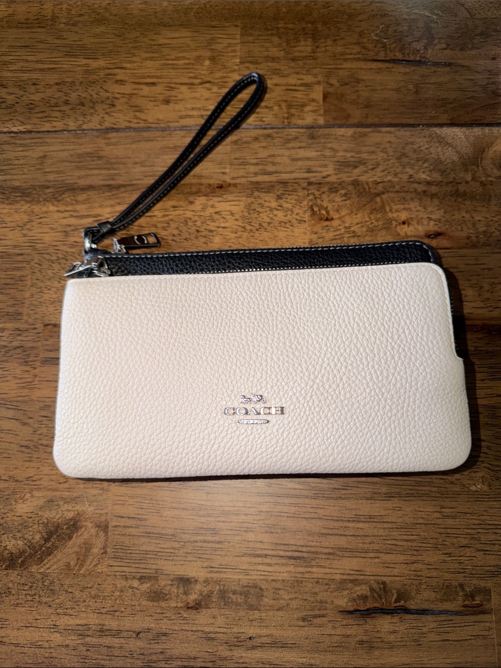 Coach Cream and Black Pebbled Leather Wristlet